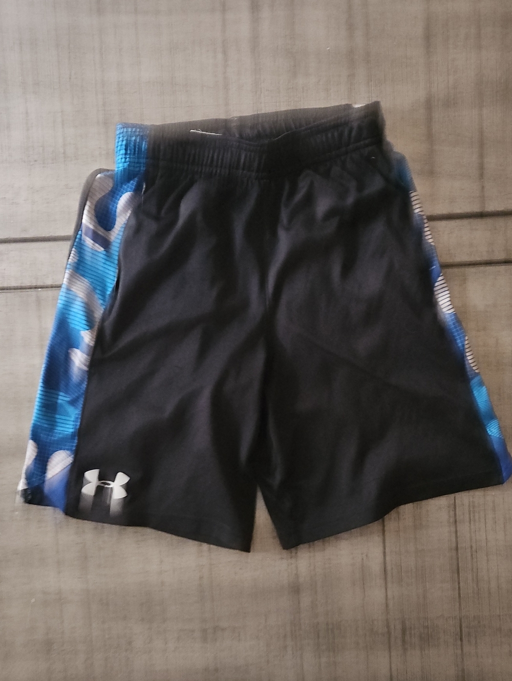 Under Armour Black Shorts with Blue Camo Side Panels